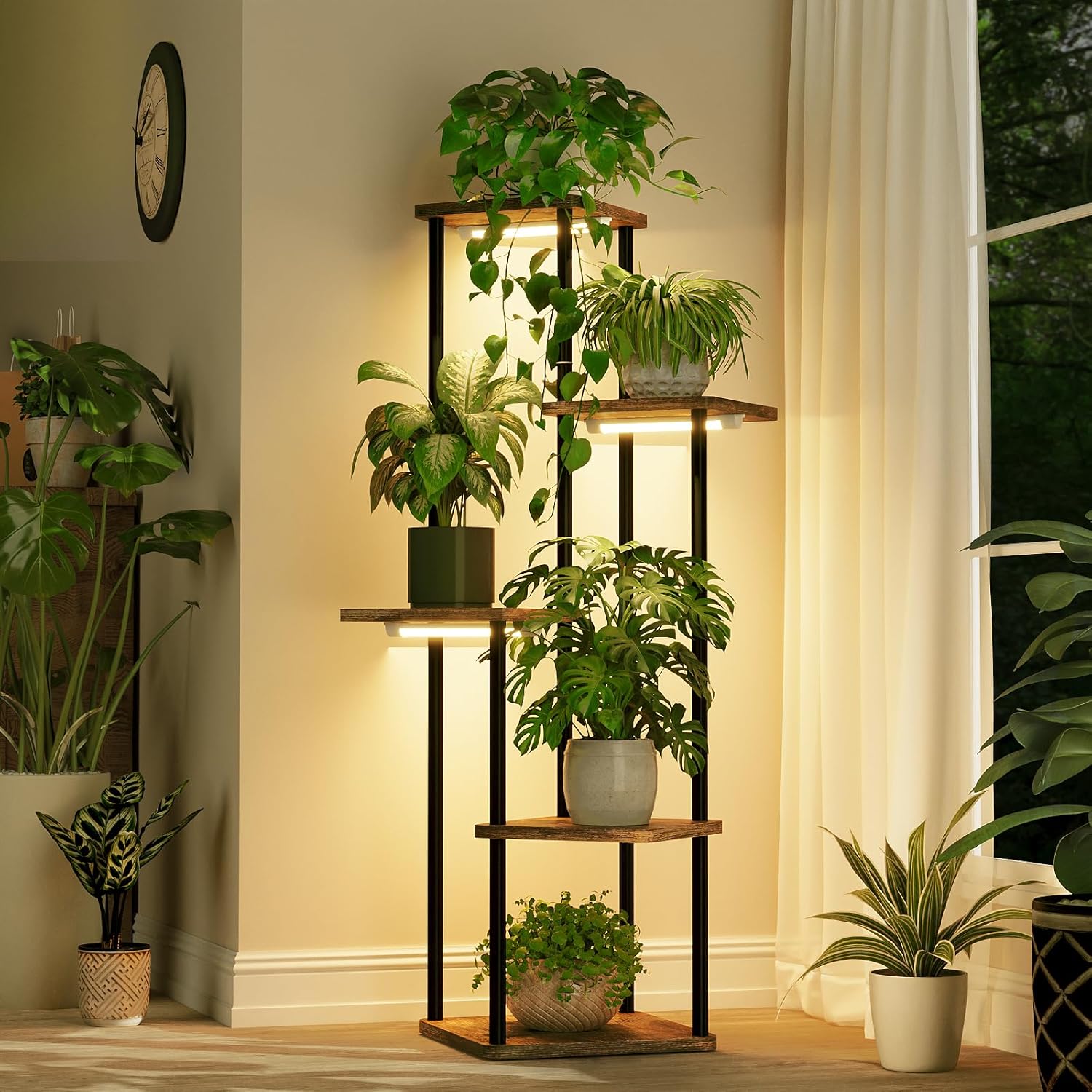 Bamworld フラワースタンド 植物育成ライト付き フラワースタンド 室内 プランタースタンド 5段観葉植物 台 おしゃれ 植物 棚 植木鉢台 プランターラック リビング 寝室 ベランダ