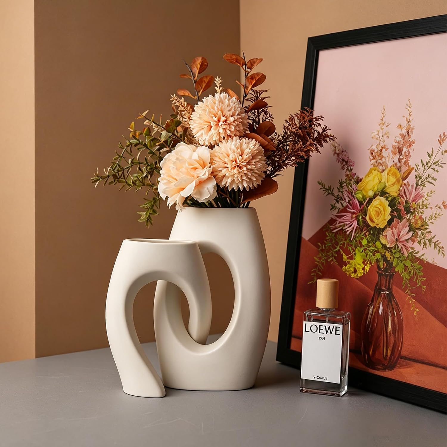 Decovlog花瓶陶器おしゃれ一輪挿しフラワーベース北欧 21cm モダンインテリア花瓶つや消し素陶花器セラミックベース2点セットシンプル生花 造花 対応 玄関家の装飾ホワイト白 （高さ:21cm幅さ17.5cm）