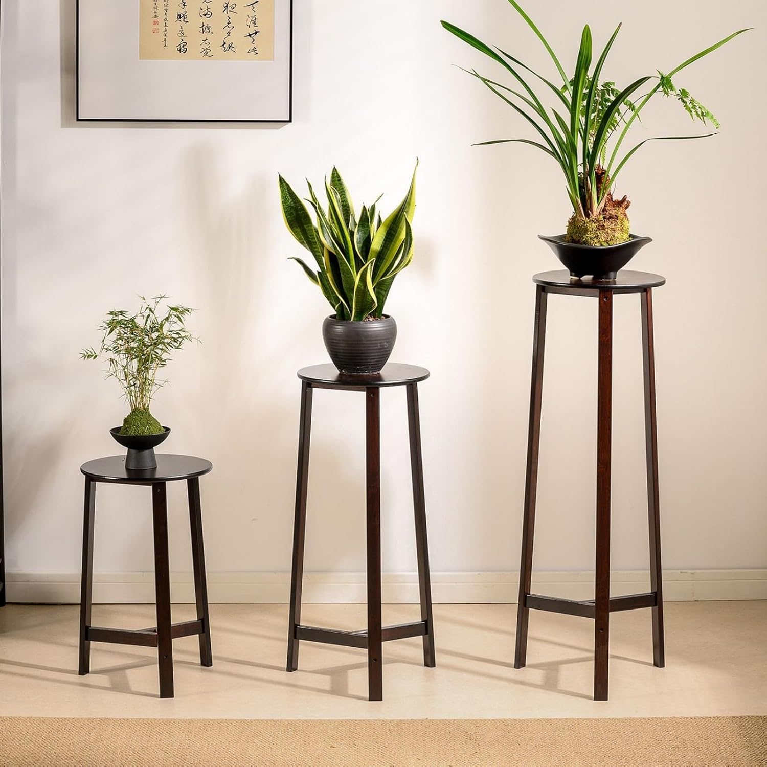 Jinchuan 花台 竹製 プランタースタンド 飾り台 丸型 花架 植木鉢 観葉植物ラック 室内 屋外 おしゃれ 省スペース リビング 玄関 ベランダ 幅28×高さ67㎝
